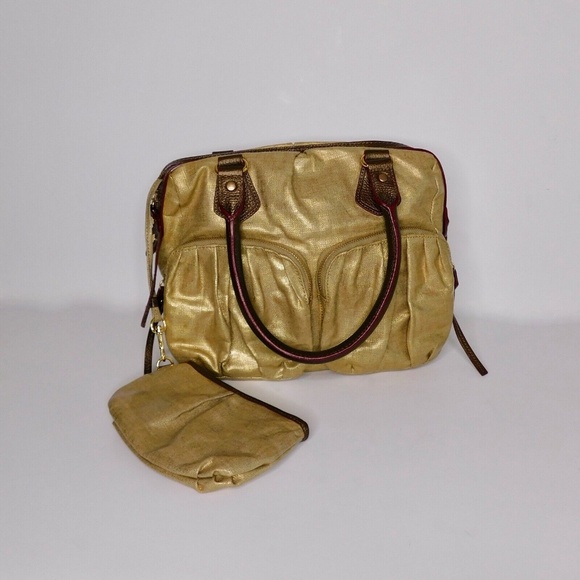 MZ Wallace Handbags - MZ WALLACE Baby Jane Glazed Linen Purse Bag Metallic Gold Pleats Coated Shoulder